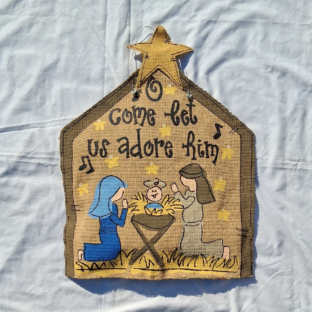 Burlap Nativity Scene Door Hanging with Star, Wire Hanger, Bright Colors